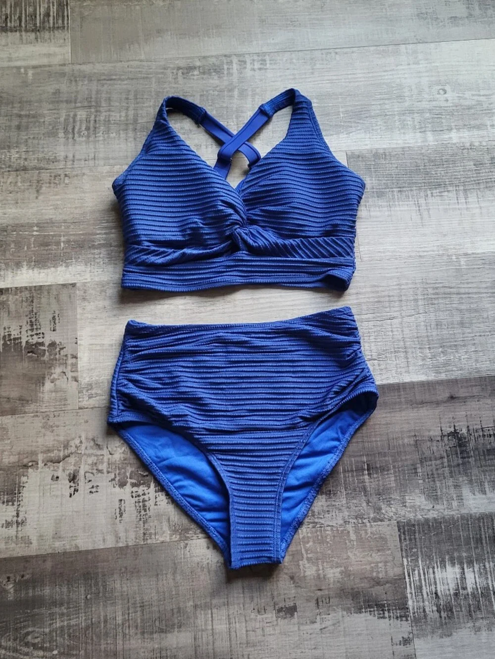 Two Piece Bikini Set Swimsuit Top & Bottom Size M NWOT Blue Textured High Waist